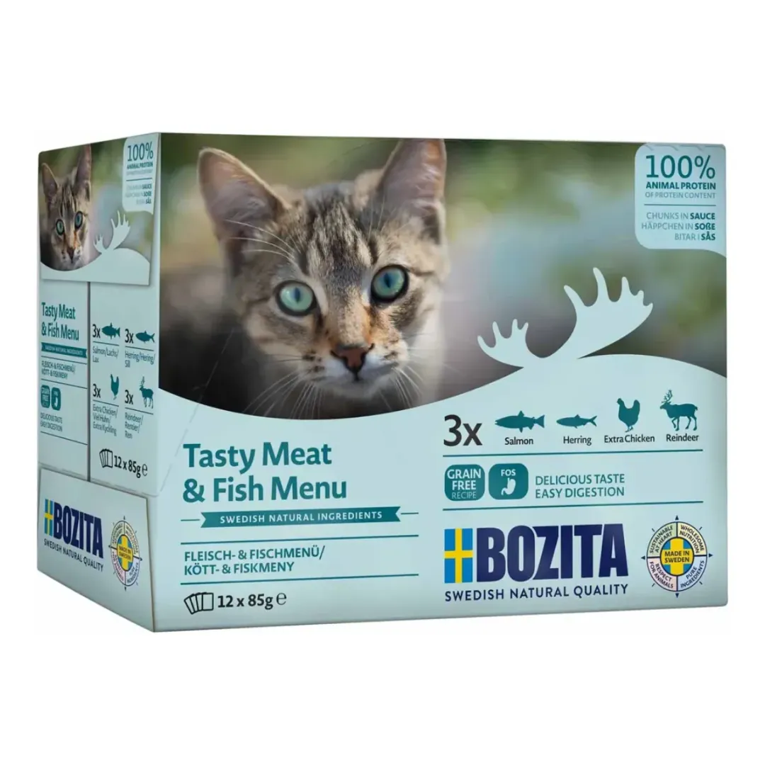 Bozita - Swedish natural quality Bozita Kød & Fisk i sovs 12 x 85 g - laks, sild, kylling og rensdyr