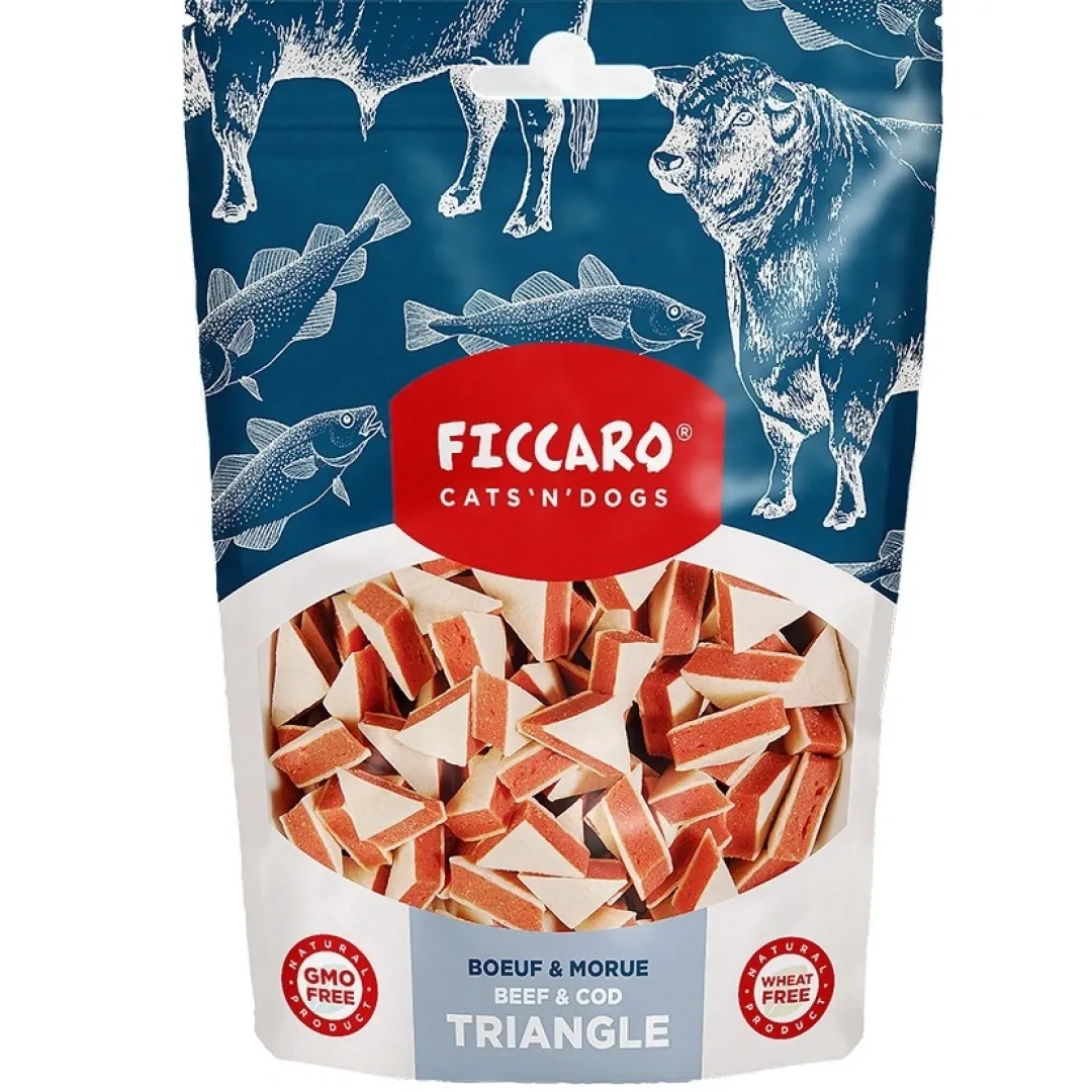 Ficcaro Katte og Hundesnack FICCARO Hundesnack Okse & Torsk Trekant - snacks med okse og torsk 100 g