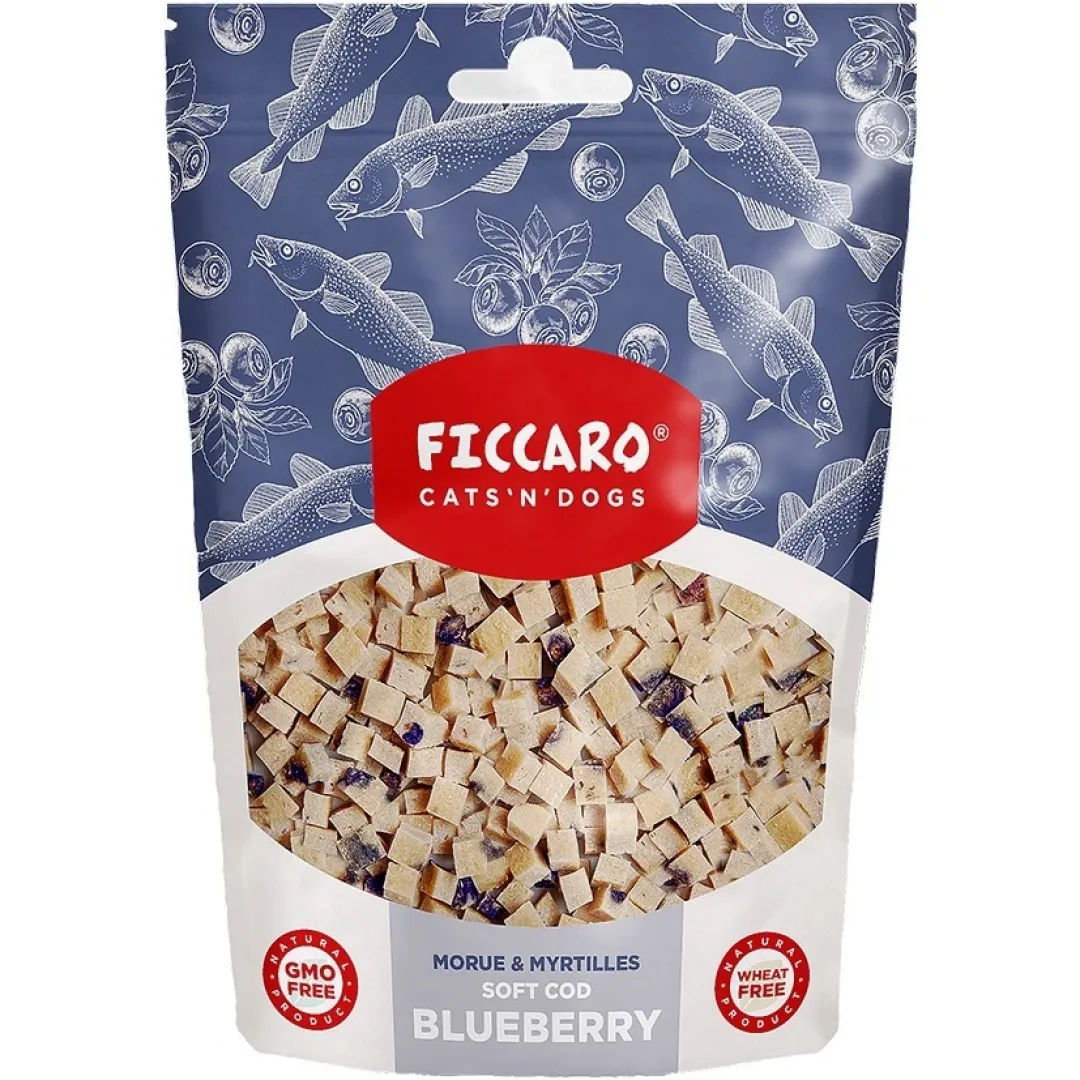 Ficcaro Katte og Hundesnack FICCARO Hundesnack Torsk & Blåbær Soft Cubes - bløde tern af torsk og blåbær 100 g