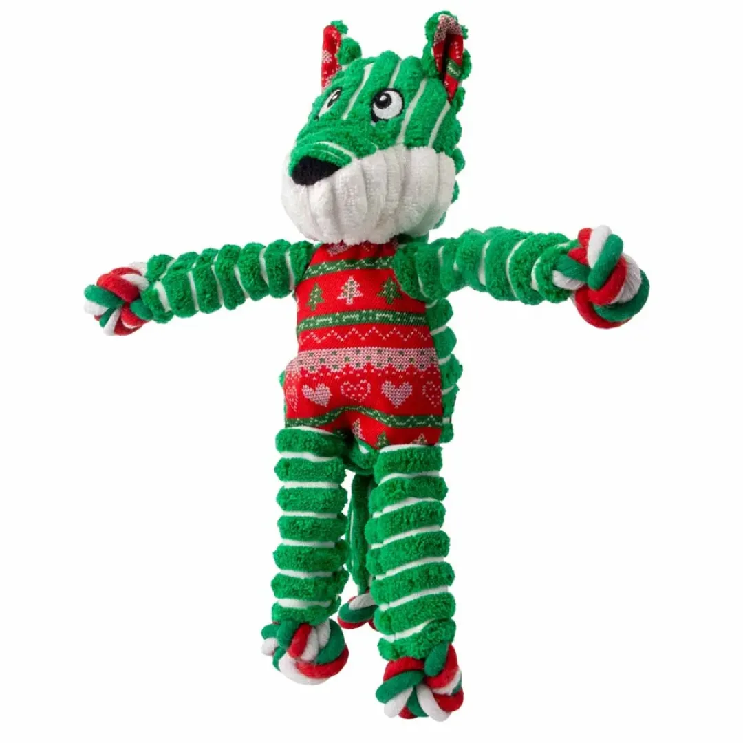Kong Holiday Floppy Knots Fox S/M - et klassisk plys-hundelegetøj med reb og knuder, pivelyd og juletema.