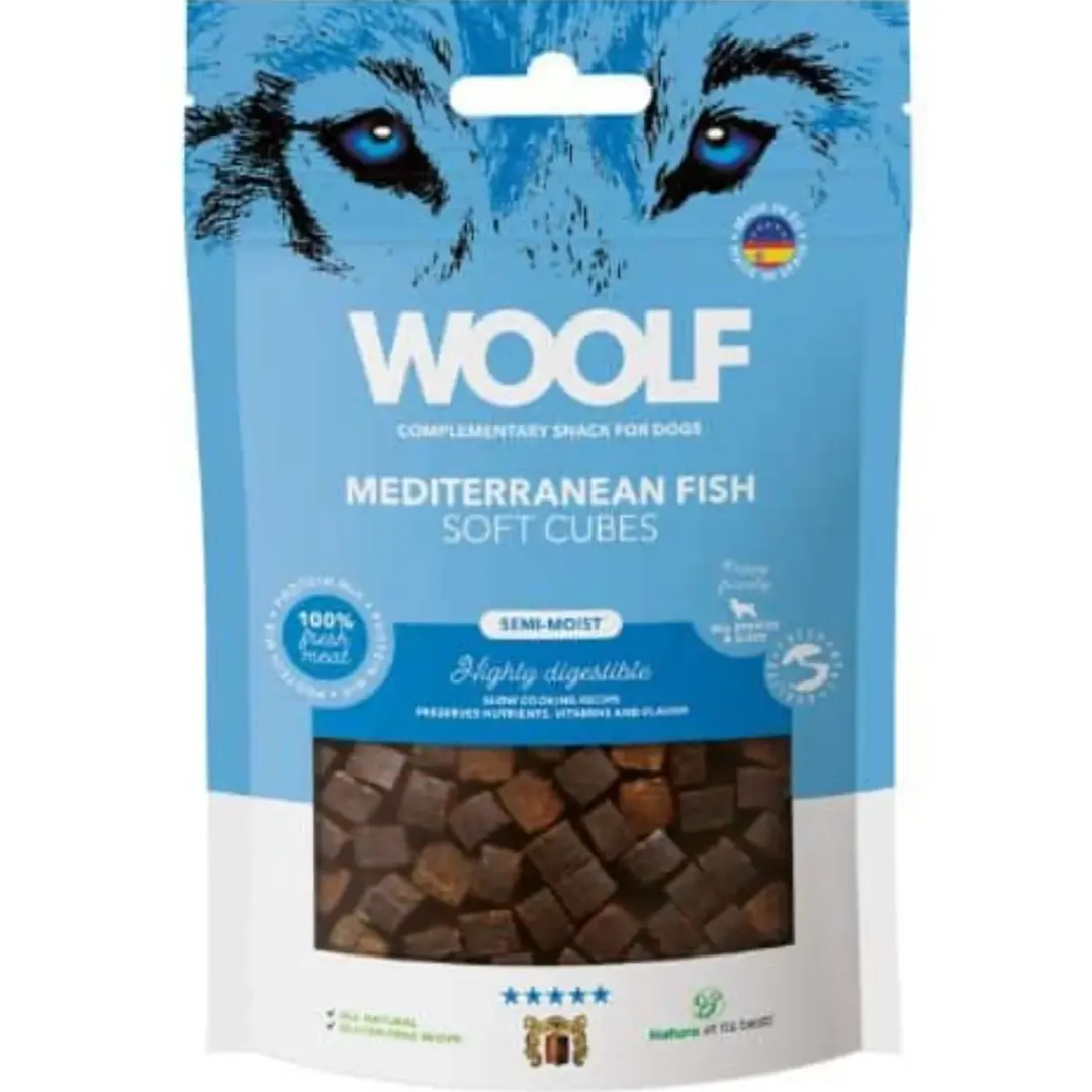Woolf HundeSnacks og Kattesnack Woolf Hundesnack Bløde Terninger med Middelhavsfisk - monoprotein 100 g