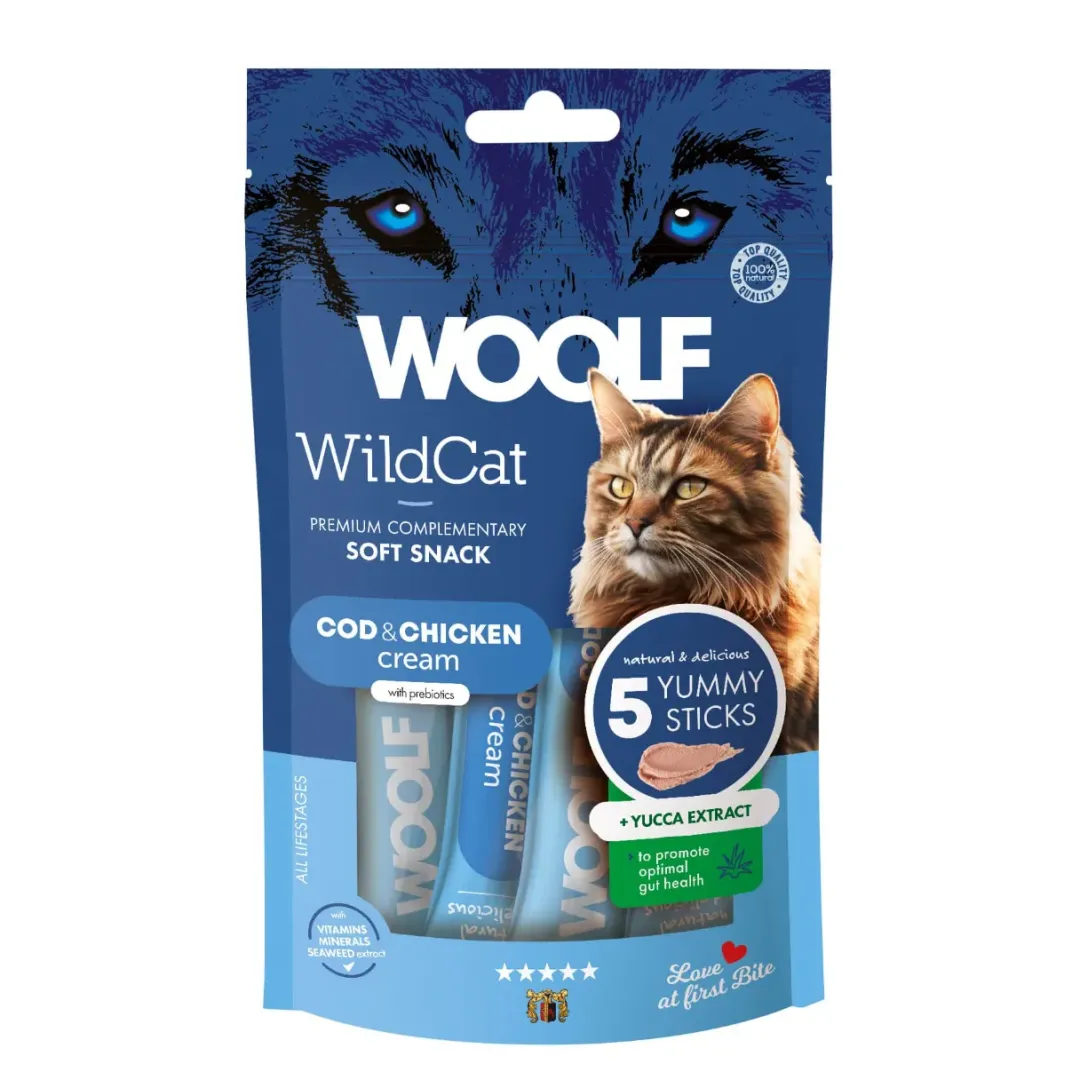 Woolf HundeSnacks og Kattesnack Woolf Wildcat Cream 5 stk - Cremede godbidder med torsk og kylling til katte